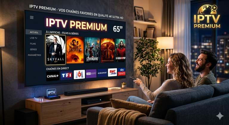 Un couple regarde la télévision dans un salon confortable la nuit. L'écran affiche une interface IPTV Premium détaillée avec des films comme Dune, Skyfall et Avengers, ainsi que des chaînes de télévision françaises et sportives