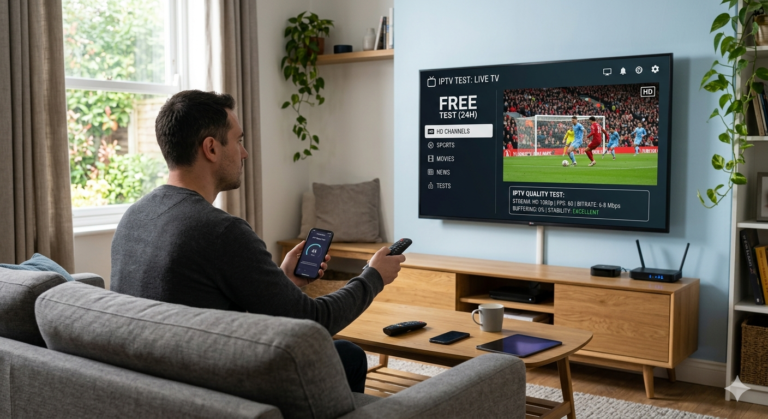 Un homme assis dans son salon teste la qualité d'un abonnement IPTV gratuit sur sa télévision connectée en vérifiant la stabilité du flux avec son smartphone.