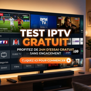 Interface de streaming sur smart TV affichant une offre de test IPTV gratuit de 24h sans engagement.