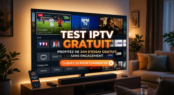 Interface de streaming sur smart TV affichant une offre de test IPTV gratuit de 24h sans engagement.