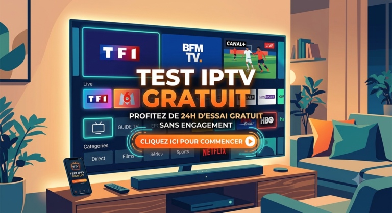 Illustration vectorielle d'un écran TV affichant une interface IPTV avec l'inscription TEST IPTV GRATUIT et un bouton d'action orange dans un salon stylisé.