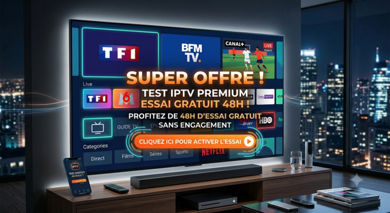 Photographie d'un écran géant dans un appartement moderne avec vue de nuit, affichant une offre de test IPTV Premium gratuit de 48h sans engagement.