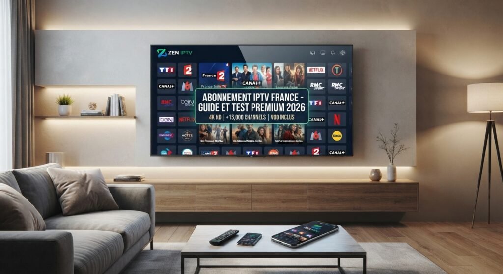 A modern living room with a wall-mounted Smart TV displaying the ZEN IPTV interface, featuring the text "ABONNEMENT IPTV FRANCE - GUIDE ET TEST PREMIUM 2026," along with mobile devices on the coffee table.