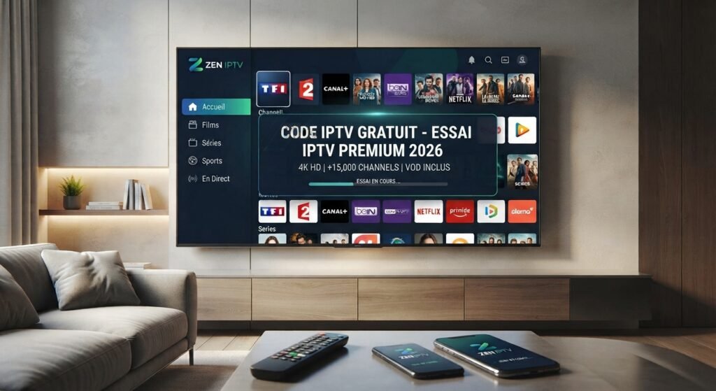 Un écran de télévision moderne dans un salon affichant l'interface de l'application ZEN IPTV, proposant une offre "CODE IPTV GRATUIT - ESSAI IPTV PREMIUM 2026" avec les logos de chaînes
