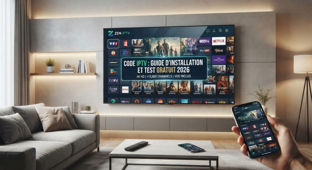 Un salon moderne avec une Smart TV murale affichant l'interface ZEN IPTV et le texte "CODE IPTV : GUIDE D'INSTALLATION ET TEST GRATUIT 2026", tandis qu'un utilisateur tient un smartphone affichant la même application.